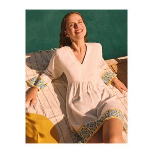 Jimmy Key White Three Quarter Sleeve Patterned Linen Dress