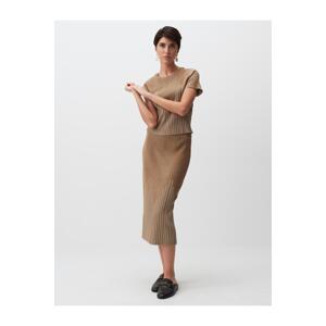 Jimmy Key Dark Beige Line Pattern Pleated Elegant Midi Skirt