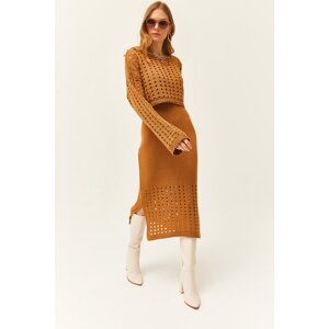 Olalook Women Camel Top Openwork Sweater Bottom Openwork Dress Knitwear Suit