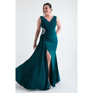 Lafaba Women's Emerald Green V-Neck Stone Detailed Long Evening Dress