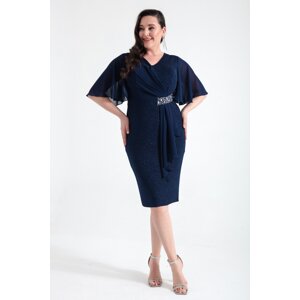 Lafaba Women's Navy Blue V-Neck Short Sleeve Plus Size Midi Evening Dress