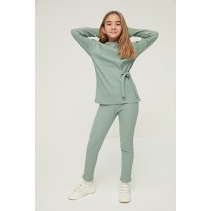 Trendyol Mint Tie Detailed Ribbed Girls Knitted Two Piece Set