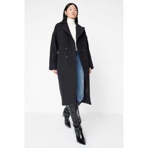 Trendyol Black Oversize széles szabású hosszú gyapjú cachet kabát