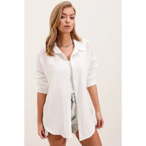 Bigdart 20153 Single Pocket Oversize Linen Shirt - White