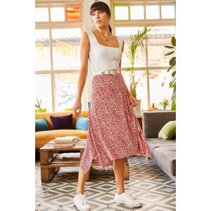 Olalook Women's Red Floral Asymmetrical Patterned Skirt