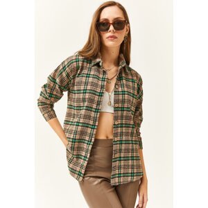 Olalook Women's Camel Green Plaid Lumberjack Shirt