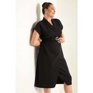 Lafaba Women's Black Double Breasted Collar Belted Plus Size Midi Dress