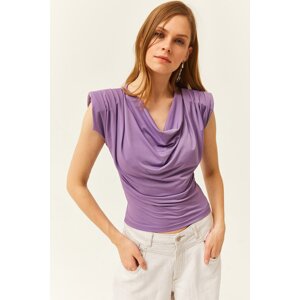 Olalook Women's Lilac Waistband Degashed Collar Flowy Blouse