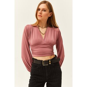 Olalook Women's Dried Rose Flowers, Deep-Decollete, Banded Waist Crop Blouse