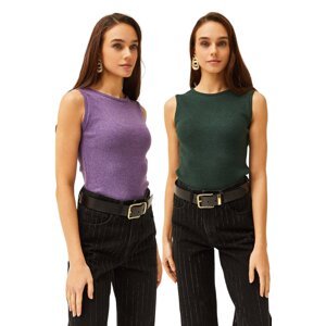 Olalook Women's Purple Emerald Green Crew Neck 2 Pack Blouse