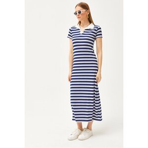 Olalook Women's Navy Blue Polo Neck Striped Lycra Dress