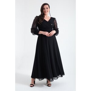 Lafaba Women's Black Plus Size Midi Evening Dress with Beaded Sleeves