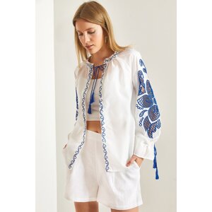 Bianco Lucci Women's Tied Collar Embroidered Loose Shirt