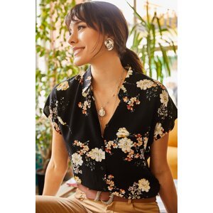 Olalook Women's Black Mustard Floral Bat Viscose Shirt