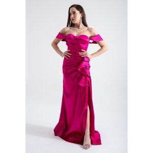 Lafaba Women's Fuchsia Heart Neck Frilly Long Satin Evening Dress