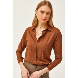 Olalook Women's Leopard Brown Jacquard Satin Detailed Woven Shirt