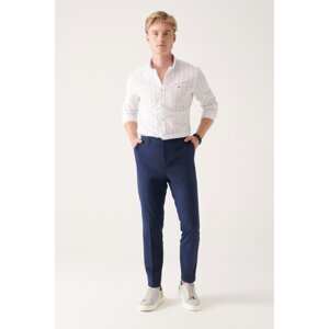 Avva Navy Blue Seersucker Textured Side Pocket Lycra Relaxed Fit Trousers