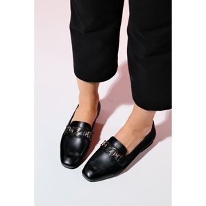 LuviShoes PECOS Women's Black Skin Buckle Loafer Shoes