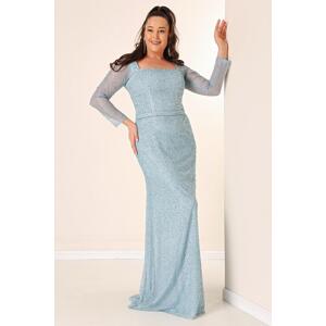 By Saygı Square Neck Lined Plus Size Long Dress with Cut Stones