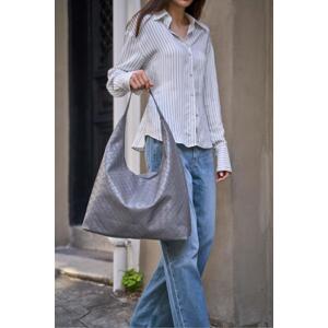 Madamra Gray Women's Knitted Patterned Bottega Leather Shoulder Bag