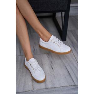 Madamra Women's White Thick Laced Leather Look Sneakers