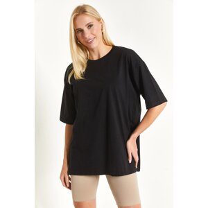 armonika Women's Black Round Collar Oversize T-shirt