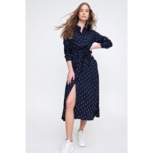 Trend Alaçatı Stili Women's Ocean Blue Polka Dot Patterned Woven Viscose Shirt Dress