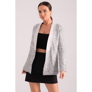 armonika Women's Light Gray Shawl Collar Sequined Jacket