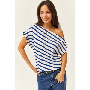 Olalook Women's Saks Blue Striped Drunk Collar Premium Soft Touch Flexible Blouse