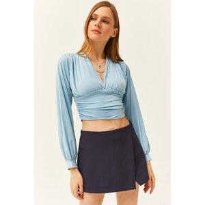 Olalook Women's Baby Blue Deep-Collected Crop Top with Band Waist