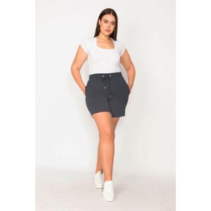 Şans Women's Plus Size Navy Blue Cotton Fabric Eyelet Detailed Waist Elastic Pocket Shorts