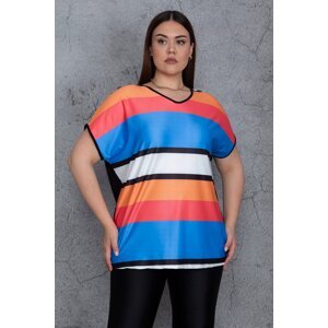 Şans Women's Plus Size Colorful Front Color Combination Low Sleeve Blouse