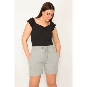 Şans Women's Plus Size Gray Cotton Fabric Eyelet Detail Elastic Waist, Pocket Shorts