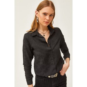 Olalook Women's Floral Black Jacquard Satin Detailed Woven Shirt