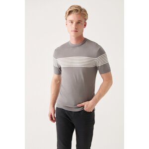 Avva Men's Gray Crew Neck Chest And Sleeve Line Detail Ribbed Regular Fit Knitwear T-shirt