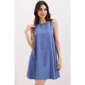 Bigdart 2444 Detailed Mini Linen Dress - Blue