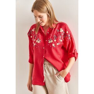 Bianco Lucci Women's Daisy Embroidered Sleeve Fold Ayrobin Linen Shirt