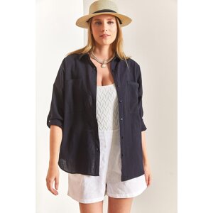 Bianco Lucci Women's Double Pocket Oversize Linen Shirt