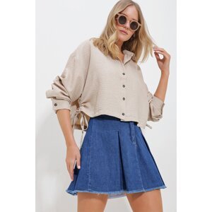 Trend Alaçatı Stili Women's Beige Gathered Melange Linen Crop Shirt