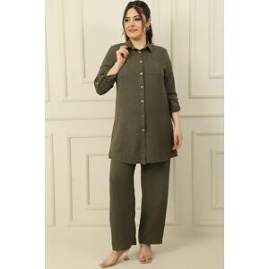 By Saygı Single Pocket Double Sleeve Shirt Elastic Waist Palazzo Trousers Linen Effect Plus Size 2 Set