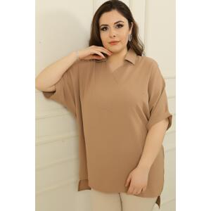 By Saygı Double Breasted Polo Neck Short Sleeve Ayrobin Plus Size Blouse