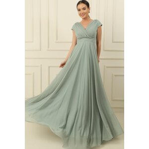 By Saygı Double Breasted Neck Nail Sleeve Full Circle Flared Lined Chiffon Tulle Long Dress