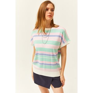 Olalook Women's Multicolor Crew Neck Striped Bat Knitwear Blouse