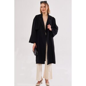 armonika Women's Black Ennea Trench Coat Sleeves Pleated Belted Cuff Laced Detail