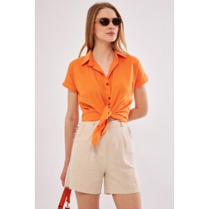 armonika Women's Orange Short Sleeve Linen Shirt