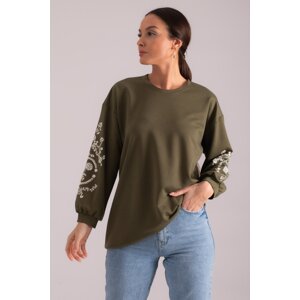 armonika Women's Khaki Round Neck Sleeve Embossed Tunic