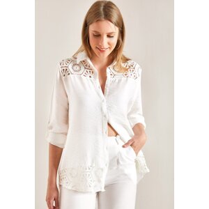 Bianco Lucci Women's Lace Patterned Shirt with Fold Sleeves