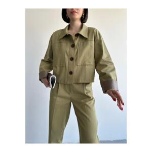 Laluvia Khaki 100% Cotton Line Detailed Lined Gabardine Jacket-Pants Suit