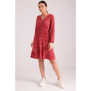 armonika Women's Red Double Breasted Neck Skirt Ruffled Elastic Waist Long Sleeve Dress