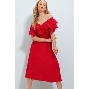 Trend Alaçatı Stili Women's Red Collar Gimped And Flounce Waist Belted Midilength Woven Dress